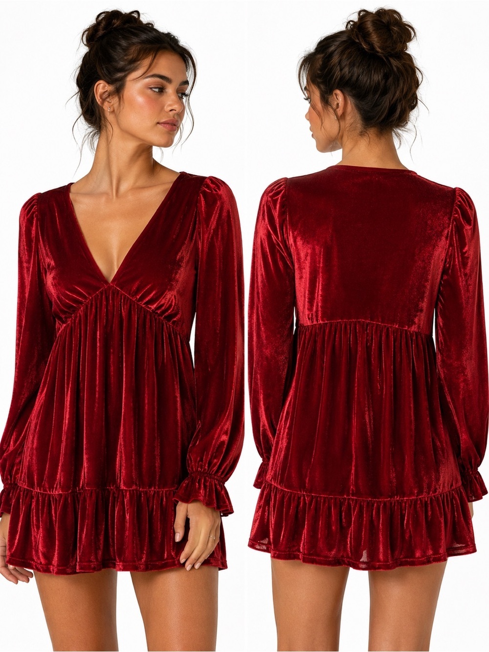 Red Velvet Babydoll Mini Dress Long Sleeve V Neck Ruffle Hem Women’s Medium